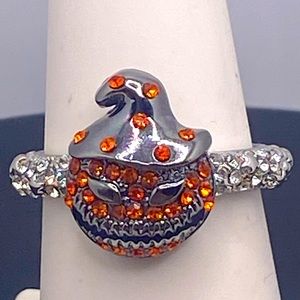 Silver and chrome tone jack o lantern orange and clear crystals Halloween